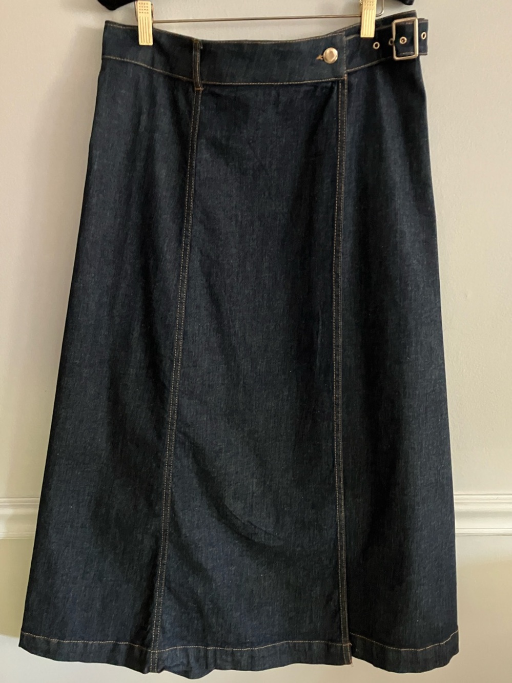 Zara Dark Blue Denim Midi Skirt with Side Buckle